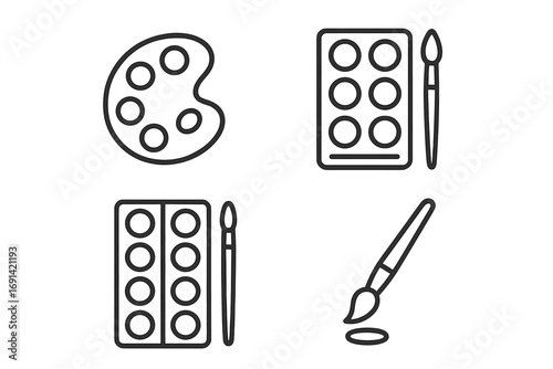 Art supplies line icon set. Paint palette, watercolor and brush outline pictograms. Artist tools for painting, drawing. Creative hobby concept. Minimal vector symbols. Editable stroke.
