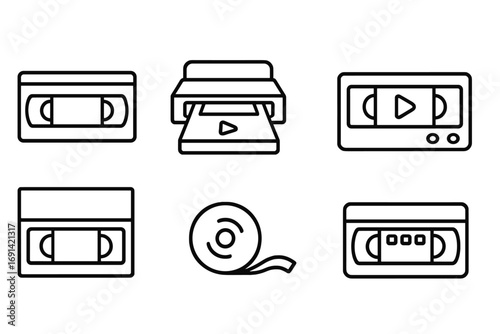 Pack of video tape icons and cassette tape line art. Outline signs for graphic design, web apps, adverts, media, retro technology, film strip roll, video player symbols vector