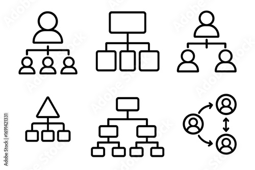 Hierarchy and organization chart line icon set. Business structure, corporate flowchart, management, teamwork and communication concept. Vector leadership diagram signs.