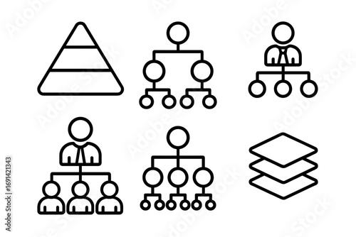 Hierarchy icon set. Corporate structure and organization chart concept. Business management, teamwork, and leadership symbols. Pyramid, flowchart, and team level vector signs.