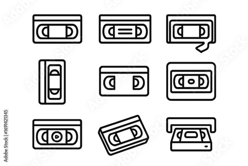 Set of video tape line icons, cassette tape symbols, retro media outline signs for graphic design, web, apps, adverts, and multimedia projects in vector style with transparent background