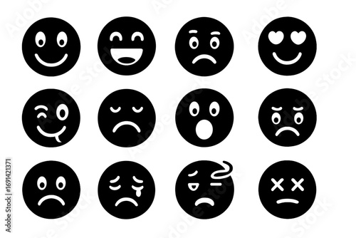 Emoji solid icon set. Expressive face emoticons showing different emotions. Collection of vector cartoon smiley faces. Happy, sad, in love, crying, surprised, and dead.