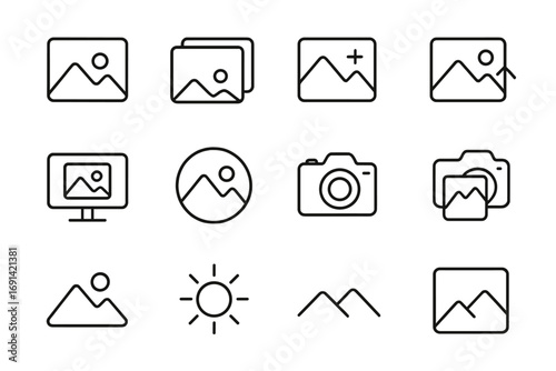 Picture line icon bundle outline signs for graphic design, web design, app icons, adverts, various cards, vector cartoon illustration, transparent background, ordered set