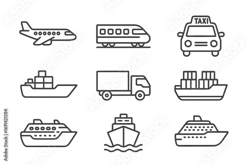 Passenger, cargo, and cruise transport icons bundle, editable stroke vector set for web, apps, cards, books, featuring airplane, train, taxi, truck, cargo ships, and cruise ships design elements