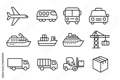Passenger cargo and cruise transportation icons collection, thin line editable stroke style, vector cartoon illustration for web, apps, books, cards design, logistics and travel symbols