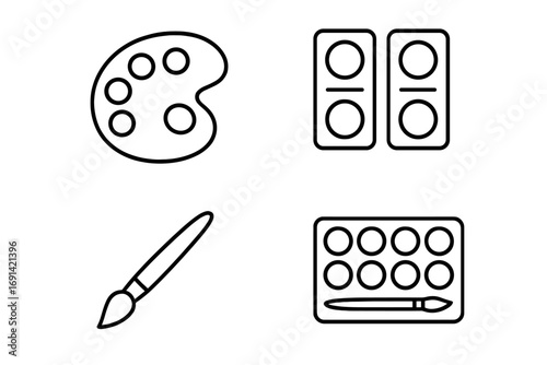 Paint palette and brush line icon set. Watercolor and drawing tools. Vector art supplies for creative hobby. Minimalist linear pictogram illustration for artists and design.