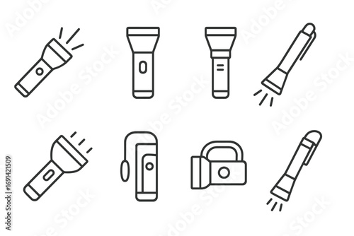 Flashlight line icon pack. Torch pictogram set. Editable stroke. Concept of electric portable lamp, emergency light, camping equipment. Minimal vector illustration for apps.