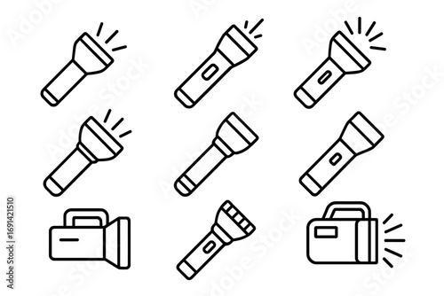Flashlight line icon pack. Editable stroke. Torch, lamp and light beam pictogram set. Simple linear icons for camping, hiking, emergency. Minimal vector illustration.