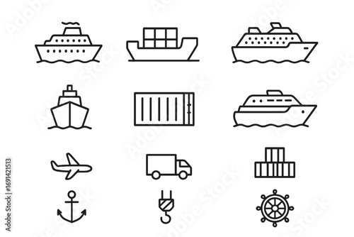 Passenger ship, cargo container, cruise liner icons set, editable stroke vector, transportation and logistics illustration for websites, books, cards, and apps with transparent background