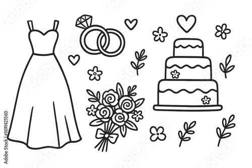Hand-drawn wedding doodle set. Vector line art icons for marriage celebration. Bridal collection with dress, diamond rings, cake, flower bouquet, and hearts for design.