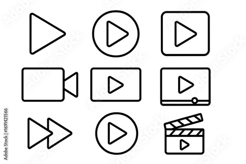 Play sign icon pack, outline media control symbols, video player buttons, multimedia navigation set for apps, web design, adverts, digital content creation, vector cartoon illustration