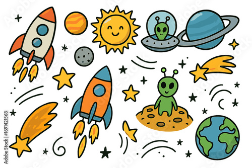 Cute space doodle set for kids. Cartoon vector collection with rocket, alien, ufo, planet, sun, moon, and stars. Galaxy adventure illustration. Hand drawn cosmic elements.