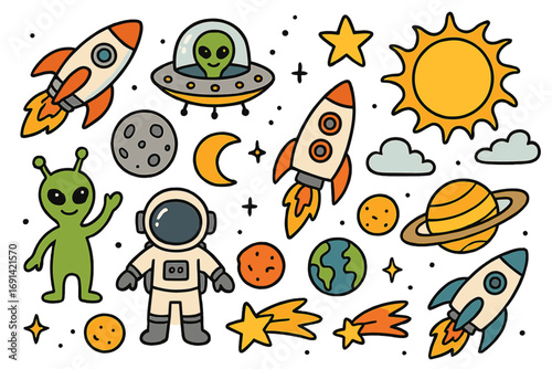 Space elements cartoon doodle set. Vector collection of cute icons with astronaut, alien, UFO, rocket ship, galaxy planets, sun, moon, and stars. Kids outer space illustration.