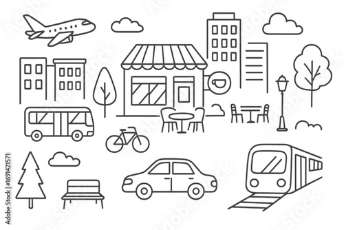 Hand drawn city life doodle icon set. Linear style urban elements with coffee shop, transportation, bus, car, train, and plane. Vector cartoon cityscape illustration collection.