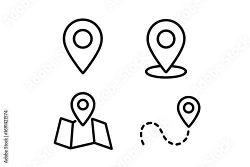 Map location pin line icon set. GPS navigation pointer, destination marker. Minimalist vector pictogram for route finding, positioning, and direction. Editable stroke.
