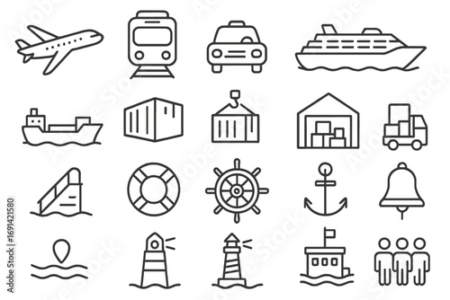 Passenger, cargo, and cruise transportation thin line icons set, editable stroke vector illustration, perfect for websites, books, cards, apps, shipping, logistics, travel