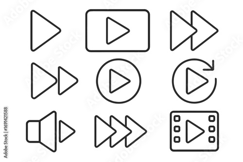 Play sign line icon set, outline multimedia symbols for graphic design, web apps, video player controls, adverts, cards, vector cartoon illustration with transparent background, ordered 3