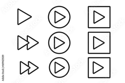 Play sign line icon set, outline media control buttons for graphic design, apps, adverts, user interfaces, multimedia, video player symbols, transparent background