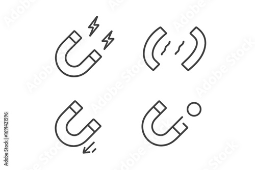 Magnet line icon pack. Concepts of attraction, magnetic force, energy, and power. Minimalistic linear pictograms for science and business marketing. Editable stroke vector set.