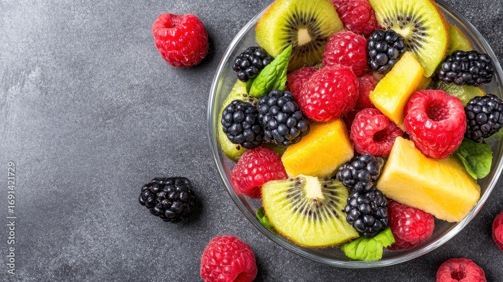 Obraz premium Fresh Fruit Salad with Raspberries, Blackberries and Kiwi Slices