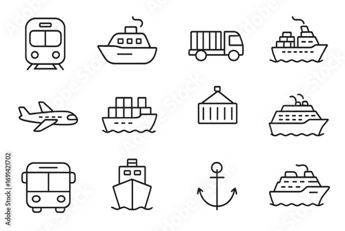 Passenger, cargo, cruise ship and transport thin icons collection, editable stroke vector illustration for web, apps, books, cards with transparent background