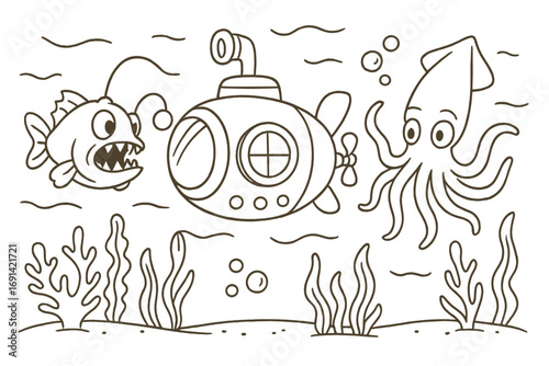 Underwater sea adventure with submarine, anglerfish, and squid. Cartoon line art vector illustration for coloring book. Deep ocean marine life exploration for kids.