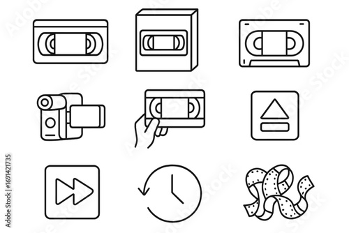 Vintage VHS Tape and Camcorder Line Icon Set, Retro Video Recording Symbols, Media Playback Controls, Fast Forward, Rewind, Eject Symbols, Film Strip Vector Illustration