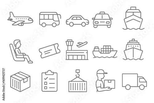 Passenger cargo cruise transportation collection thin line icons set. Editable stroke vector illustration for websites, apps, cards, shipping, delivery, port logistics symbols
