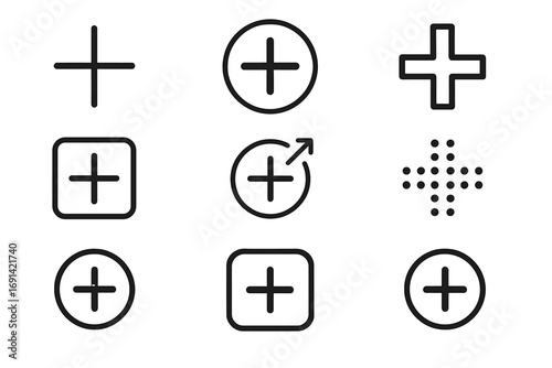 Collection of outline line icons plus signs for graphic and web design, app interfaces, adverts, various cards, vector cartoon style with transparent background