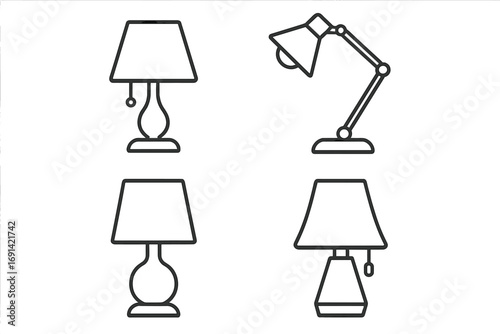 Table lamp line icon set. Desk lamp, reading light outline symbols. Home interior furniture lighting pictogram collection. Editable stroke vector for web design and apps.