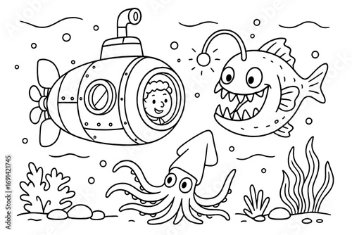 Line art underwater scene with submarine, anglerfish, and squid. Cartoon vector illustration for coloring book. Deep sea adventure with marine life creatures and a boy.