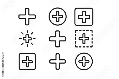 Plus sign line icon collection, outline vector symbols for graphic design, web apps, advertisements, UI, add button, medical cross, interface elements, vector cartoon illustration