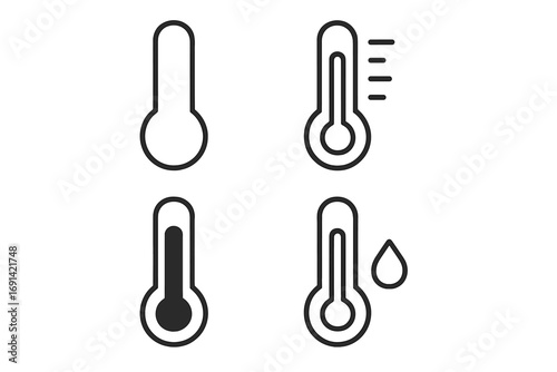 Thermometer icon set vector outline. Simple linear symbols for temperature measurement. Weather forecast concept with hot and cold indicators. Medical and climate graphics pack.