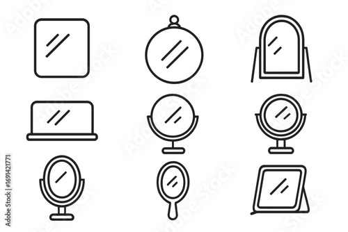 Mirror line icon set. Reflection glass symbol collection. Hand, wall, makeup vanity mirrors. Vector outline pictogram for beauty, furniture, interior concepts. Editable stroke.