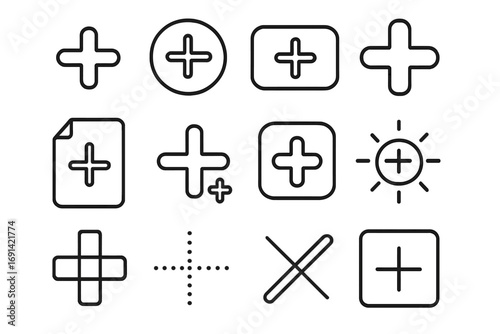 Plus sign line icon set, outline symbols for graphic and web design, app interface, advertisement elements, vector cartoon illustration with transparent background, varied styles and shapes