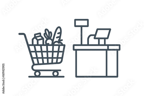 Grocery shopping line icon. Vector illustration of a shopping cart with food at the supermarket checkout counter. Concept for retail, payment, commerce, and buying food.