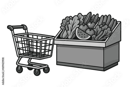 Grocery shopping concept with empty shopping cart and fresh produce stand. Supermarket aisle with vegetables and fruits. Healthy food retail vector illustration. Monochrome cartoon.