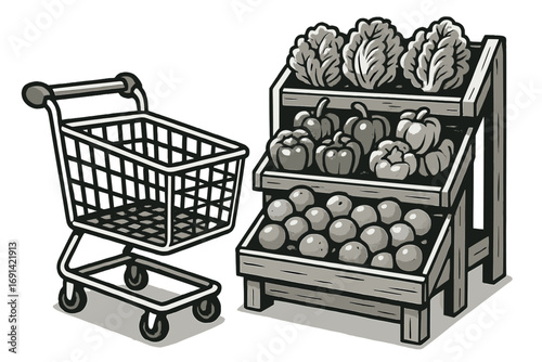 Monochrome grocery shopping concept with cart and fresh produce display. Supermarket vegetable and fruit stand with lettuce, peppers and oranges. Healthy food retail vector cartoon.