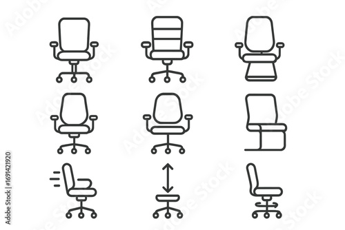 Office chair line icon set. Business furniture vector collection. Editable stroke symbols for corporate workspace, ergonomic seat. Adjustable, swivel chair pictogram pack.
