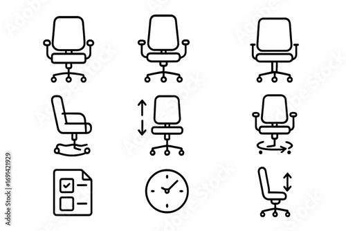 Office chair line icon set. Ergonomic furniture for workplace. Adjustable, swivel, rocking chair functions. Editable stroke pictogram collection for business, web, and apps.