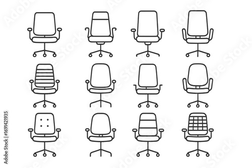 Office chair icon set. Collection of ergonomic furniture for the workplace. Vector line art of various task chairs, swivel armchairs. Minimalist outline pictograms for business.