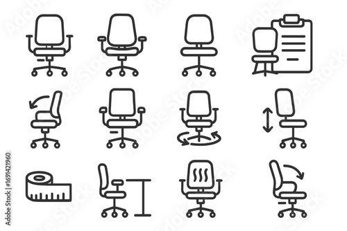 Office chair line icon set. Vector pictogram collection of ergonomic furniture for workplace. Includes adjustable, swivel, and recliner functions. Editable stroke symbols.