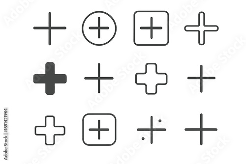 Plus sign thin line icon set, black outline symbols for graphic design, web apps, UI elements, adverts, digital cards, vector cartoon illustrations on transparent background
