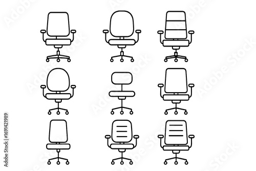 Office chair icon set. Collection of various computer seats and armchairs for business furniture. Vector line illustration of modern workplace ergonomic equipment. Editable stroke.
