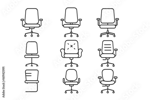 Office chair line icon collection. Set of various workplace furniture symbols. Ergonomic seating, desk chair, and business interior elements. Editable stroke vector graphics.