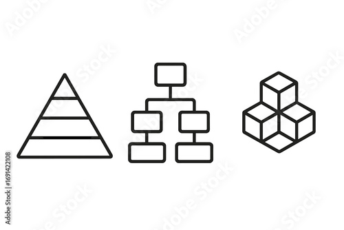Modern outline icons set with pyramid, hierarchy structure, and cubes. Concept design for business, organization, social networks, apps, cards. Vector illustration transparent background.
