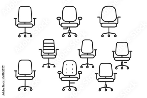 Office chair line icon set. Vector collection of modern ergonomic furniture for workplace and business. Swivel armchair outline symbols. Editable stroke simple pictograms.