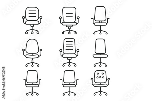 Office chair thin line icon collection. Editable stroke vector icons for web and apps. Business furniture and workplace seating symbols. Ergonomic swivel chair pictogram set.
