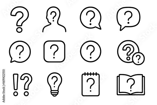 Question mark line icon collection, outline symbols for graphic design, apps, adverts, UI, chat bubbles, light bulb, notebook and book, vector cartoon illustration with transparent background