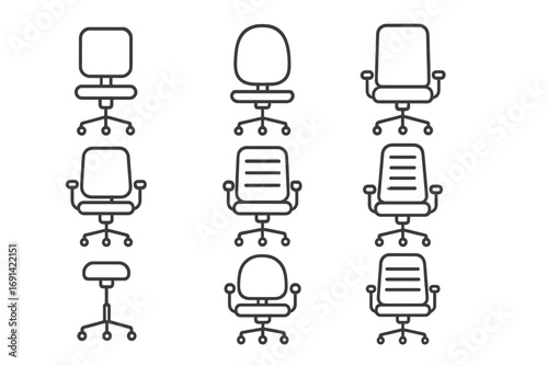 Office chair line icon collection. Ergonomic workplace furniture set. Vector outline symbols of various swivel chairs with editable stroke for web, apps, and print design.